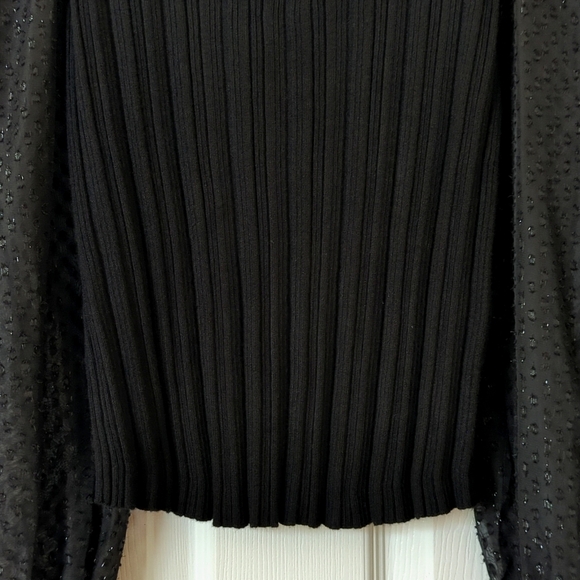Anthropologie Ribbed Knit Scoop Neck Sheer Shimmer Puff Sleeve Sweater Black S - Picture 5 of 10